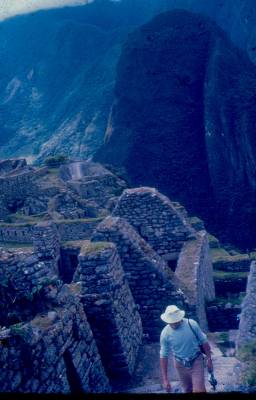 [Homem sobe escadarias de Machu Picchu]